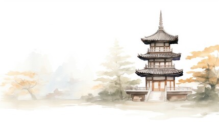 Obraz premium Serene Watercolor Pagoda in Misty Asian Landscape