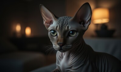 Close-up of a Sphynx cat at night
