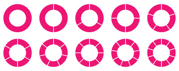 Set of segmented pink circle icons showing division stages. Ideal for infographics, pie charts, data visualization, timelines, or workflow elements in business and design projects. Icons, vector.