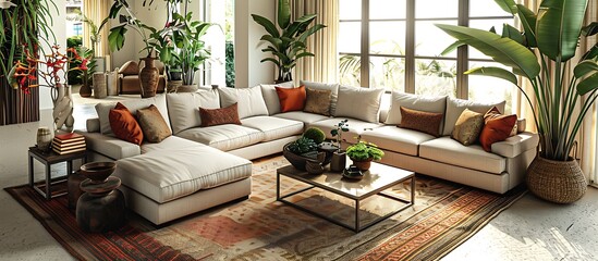 Living room with a large sectional, coffee table, and decorative plants.