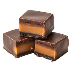 Delicious caramel squares displayed on a pristine white background, focusing on their smooth, creamy texture and tempting sweet appeal