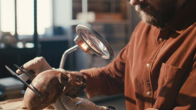 Archaeologist in gloves measuring skull dimensions with caliper under magnifying lamp, conducting research at desk in laboratory. Tilt-down shot