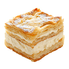 Delicious cream puff cake with flaky layers and a creamy center on a plain white background,...