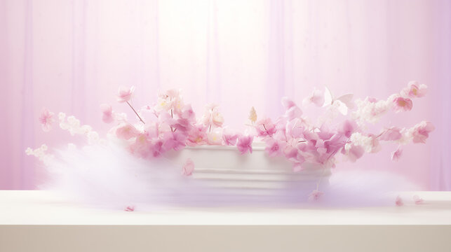 Floral arrangement in a white cachepot with pink and white pastel colors against a soothing background