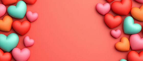 Colorful hearts in various sizes and shades create vibrant border on coral background, perfect for expressing love and affection