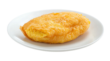 Delicious omelette on a white plate, with a golden, fluffy texture and savory filling, placed against a clean white background