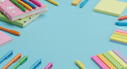 Fototapeta premium Colorful Back to School Supplies Flat Lay on Blue Background