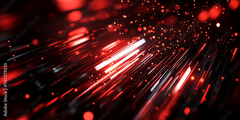 Poster abstract red light streaks with glowing particles in motion. gamer background