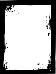 Black grunge border creates a striking frame around a clean white copy space, accented by dynamic paint splatters, offering a versatile design element for various creative projects