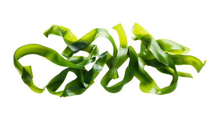 Fresh green seaweed strips arranged on a clean white background, showcasing their vibrant color and natural texture for a healthy look © kami