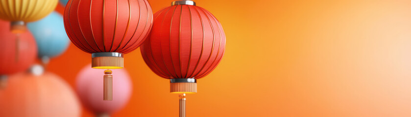 Colorful lanterns hang against vibrant orange background, creating festive atmosphere