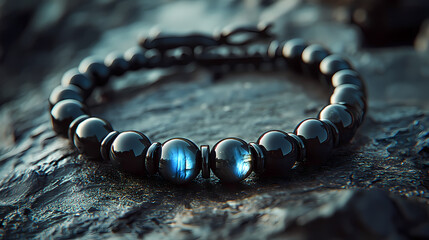 Elegant obsidian and labradorite bracelet with deep black obsidian and shimmering bluegreen labradorite stones in a sleek design. Labradorite. Illustration