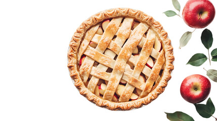 Freshly baked apple pie with a golden crust and sliced apples peeking through, placed on a clean white background