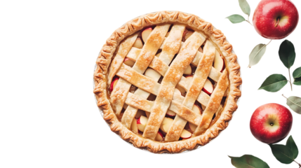 Freshly baked apple pie with a golden crust and sliced apples peeking through, placed on a clean white background