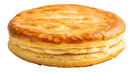 Freshly baked cream puff cake with golden puffed layers, placed on a clean white background, highlighting its delicate texture and creamy filling