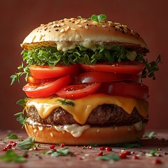 Gourmet Beef Burger with Fresh Vegetables and Gooey Melting Cheddar Cheese image
