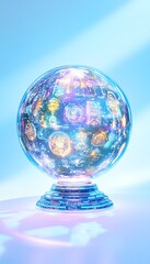 Vibrant crystal ball with colorful reflections on blue background.