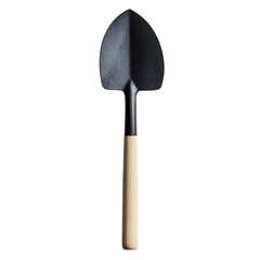Garden shovel featuring a black metal head and natural wooden handle displayed on a plain white background