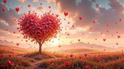 Heart-shaped tree blooming with flowers in a romantic landscape adorned with floating hearts during sunset