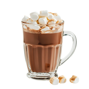 Glass filled with hot chocolate and a pile of marshmallows placed on a plain white background, perfect for showcasing warmth and sweetness