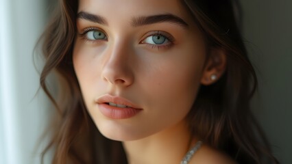 Naklejka premium Stunning Portrait of a Young Woman with Flawless Skin and Confident Gaze, Close-up Beauty Shot with Shallow Depth of Field