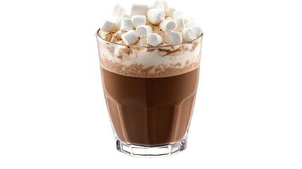 Glass of hot chocolate topped with a fluffy pile of marshmallows, placed on a clean white background, emphasizing its cozy appeal