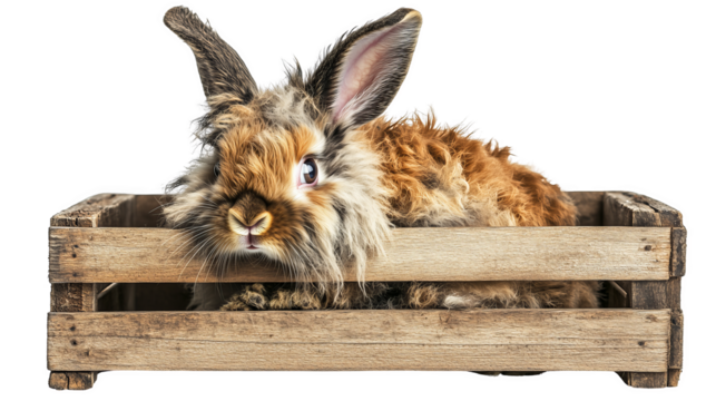 Neglected rabbit with matted fur in an empty wooden crate on white background