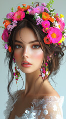 Naklejka premium Beautiful Woman Gorgeous Hairstyle Flowers