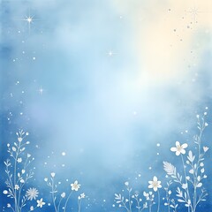 Dreamy Dawn Sky Background, Ethereal Blue Gradient with Sparkling Accents and Delicate Floral Illustrations