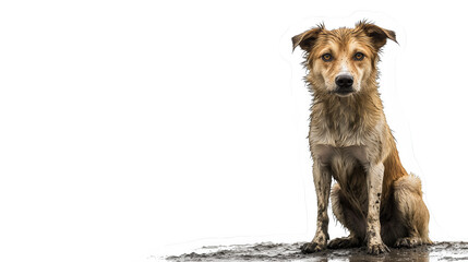 Thin stray dog sitting alone on a muddy street on white background