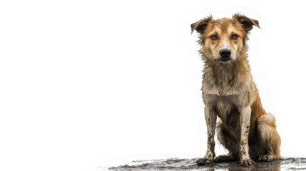 Thin stray dog sitting alone on a muddy street on white background