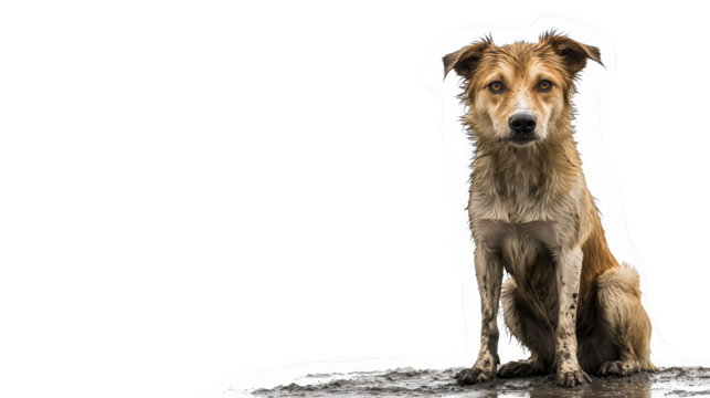 Thin stray dog sitting alone on a muddy street on white background