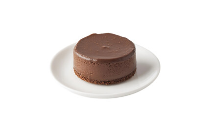 Mini chocolate mousse cake with a smooth, glossy finish placed on a clean white background, highlighting its rich texture and indulgent appeal