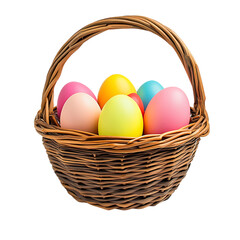 Multicolored Easter eggs arranged neatly in a handcrafted wicker basket, set against a bright white background for a joyful and festive display