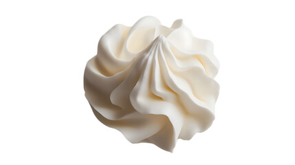 Perfectly swirled dollop of whipped cream on a clean white background, showcasing its smooth and fluffy texture for a delicious and elegant dessert topping