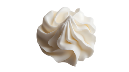 Perfectly swirled dollop of whipped cream on a clean white background, showcasing its smooth and fluffy texture for a delicious and elegant dessert topping