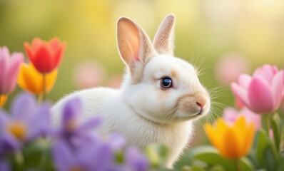 Adorable white rabbit among colorful flowers.