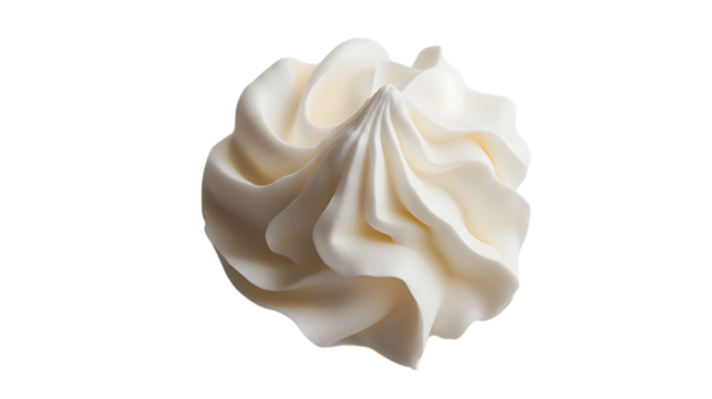 Perfectly swirled dollop of whipped cream on a clean white background, showcasing its smooth and fluffy texture for a delicious and elegant dessert topping