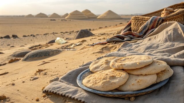 Freshly baked aish baladi on a sandy surface of the Egyptian desert during sunset, surrounded by pyramids