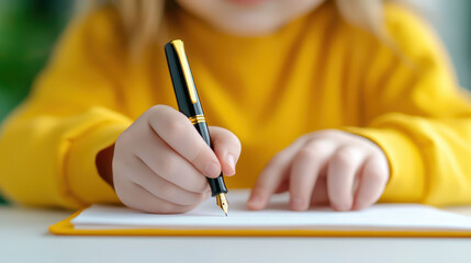 young girl in yellow sweater practices calligraphy with fountain pen, showcasing focus and creativity