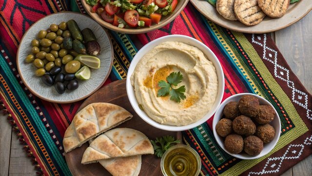Delicious Egyptian meal featuring aish baladi, fresh salads, and traditional sides displayed in a vibrant flat lay