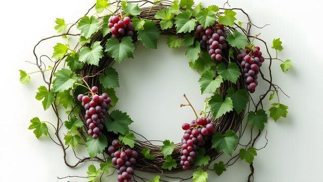 Lush Emerald Green Grapevine Wreath with Ripe Red Grapes, Intricate Twisted Vine Autumn Harvest Decoration