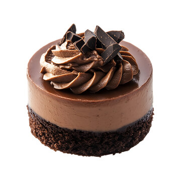 Single mini chocolate mousse cake with a silky chocolate layer displayed on a pure white background