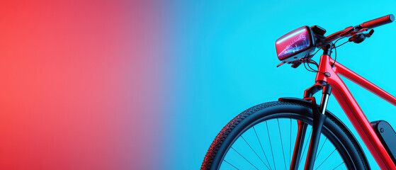 close up of electric bicycle showcasing its sleek design and modern features, highlighted by vibrant red and blue lighting