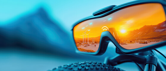 High tech sunglasses reflecting sunset over wind turbines and mountains