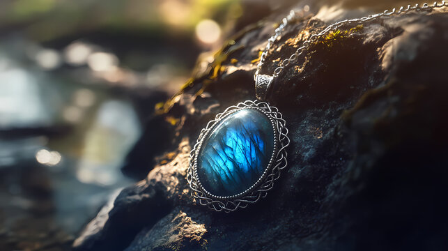 A captivating blue labradorite pendant, nestled within a natural setting, exemplifies the beauty of rule of thirds composition. Labradorite. Illustration