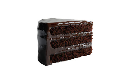 Slice of rich chocolate cake with a glossy ganache layer, placed on a clean white background,...