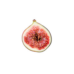 Sliced fig with its red, juicy inside shown on a plain white background, focusing on the vibrant...