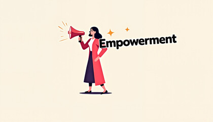 Empowered woman speaking into megaphone against plain background