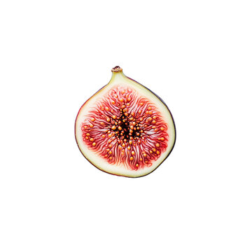 Sliced fig with its red, juicy inside shown on a plain white background, focusing on the vibrant colors and fresh, sweet appeal of the fruit